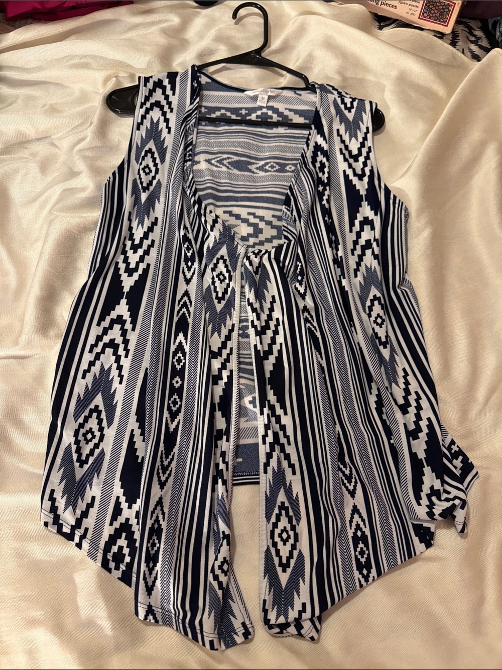 Charming Charlie Navy and White Aztec Print Open Vest